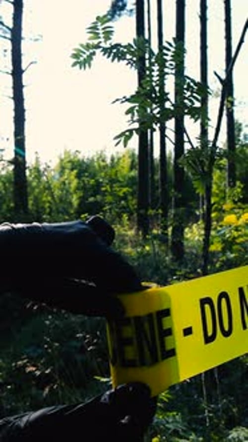Crime Scene tape being unrolled in front of a sunny forest by black investigator gloves in slow-mo.