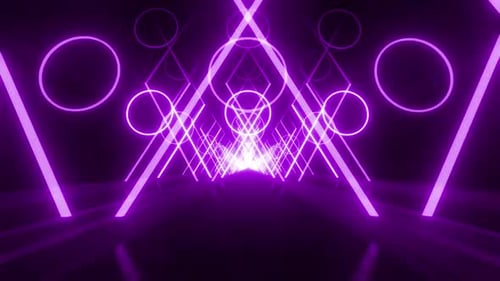Dynamic neon tunnel with glowing purple geometric shapes and lights