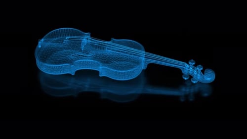3D Blue Neon Glowing Wireframe Violin Hologram