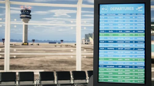Empty Airport Departure Lounge with Digital Screen Displaying Flight Information
