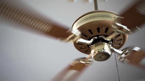 Ceiling fan spinning, wooden and gold decorated, close up