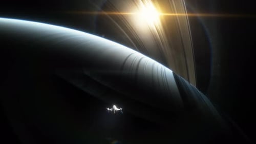 Futuristic Spacecraft Journey Past Ringed Planet with Sun Flare