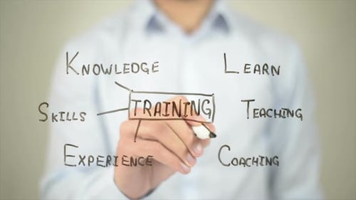 Training Concept, Man Writing on Transparent Screen