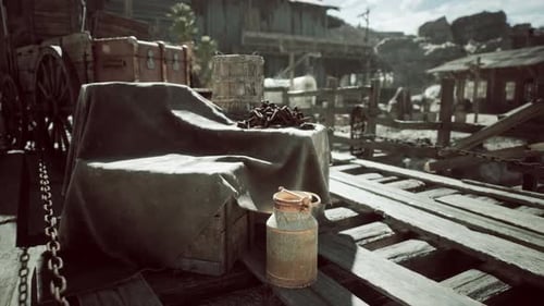 Rustic Dock Setting with Wooden Crates and a Milk Jug in a Sunlit Environment