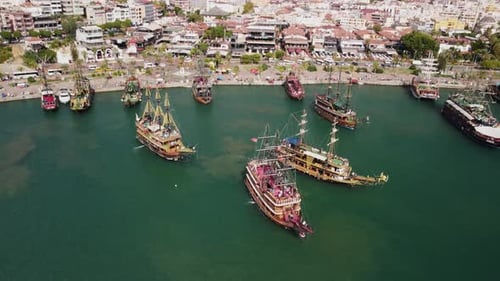 Awesome aerial view of tourist ships in Alanya Marina, Turkey