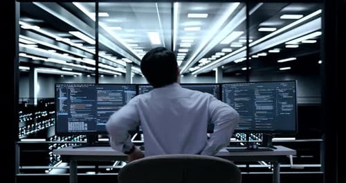 Back View Of Asian Programmer Having A Backache While Writing Code By Desktops In The Server Room