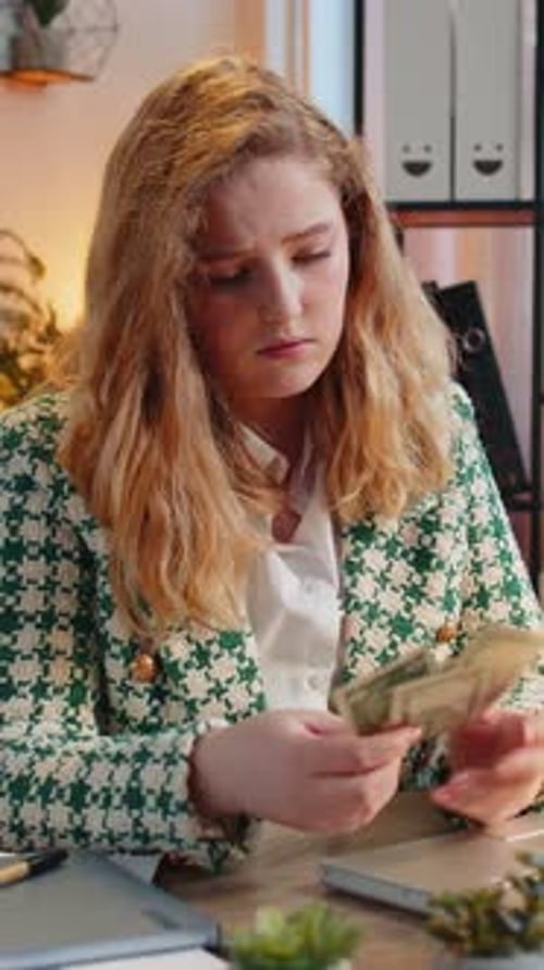Business Woman Freelancer Counting Cash Insufficient Amount of Money Financial Crisis Bankruptcy