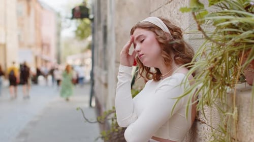 Sad Lonely Frustrated Depressed Unhappy Woman Feeling Bad Annoyed Burnout Standing in City Street