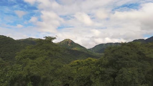 A bird's-eye view of the Atlantic Forest with mountains in the background, in South America. Drone 4