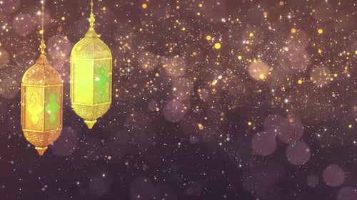 Hanging Festive Lanterns with Golden Shimmering Particles Background