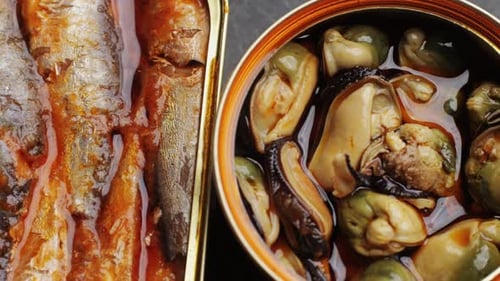 Canned Seafood Assortment: Fish, Mussels, and Octopus