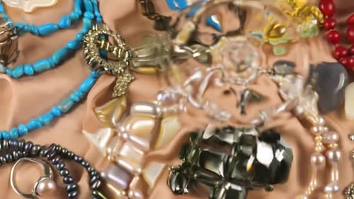 Jóias feitas de pedras preciosas e pérolas em um fundo de seda bege debaixo d'água