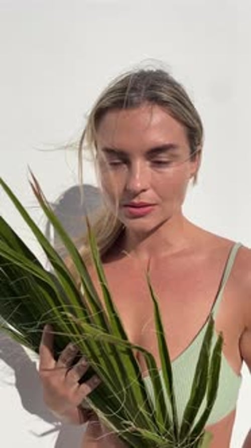 Woman Posing with Palm Leaf in Bikini