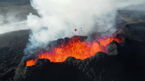 Volcano Eruption Red Hot Burning Lava Erupts From Ground Drone Fly Over Active Volcanic Crater Litli