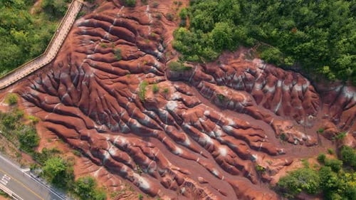 Aerial birds eye view of the Cheltenham Badlands in Caledon, Ontario, Canada.