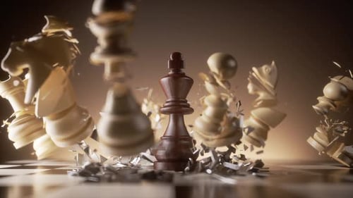 The black king chess piece falls onto the chessboard and smashes the white chess pieces.