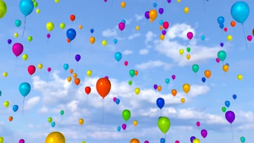 Vibrant Celebration Balloons Rising into Blue Sky
