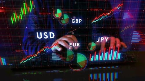 Currencies dollar euro yen and pound charts graphs display with man typing keyboard