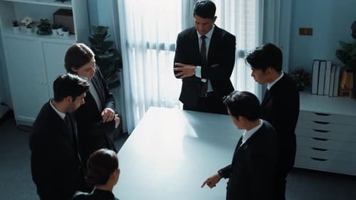 Top view of business team pointing at table while brainstorm idea. Directorate.