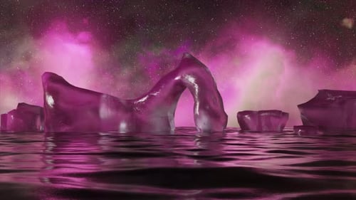 Futuristic Purple Icebergs Floating Under a Cosmic Nebula Sky