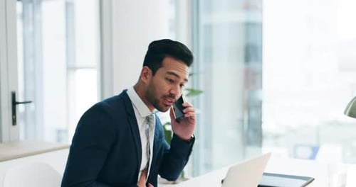 Phone call, laptop and business man in office for planning, discussion and communication