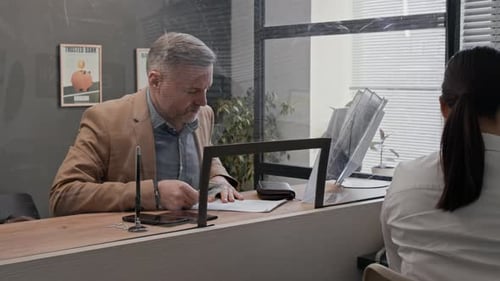 Customer Reviewing Documents, Bank Employee Working at Computer