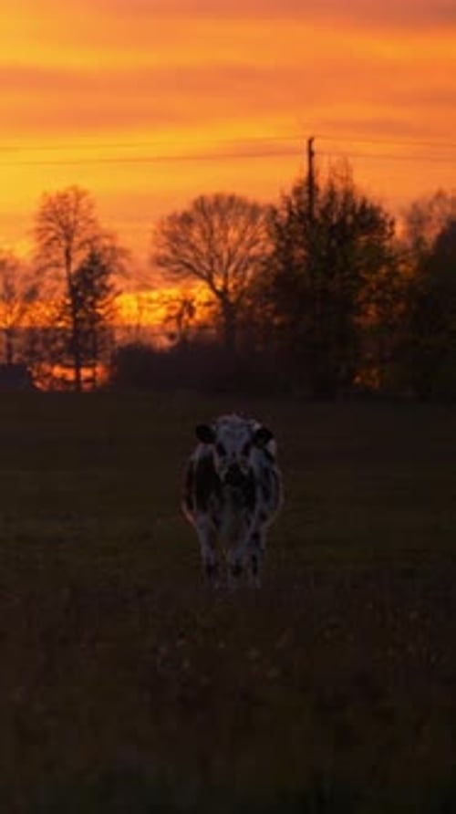 Cow Standing in Field at Sunset Rural Landscape Vertical Video
