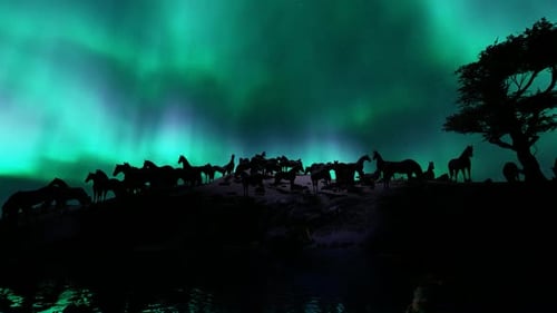 Fluid Aurora Borealis with Silhouetted Horses at Night