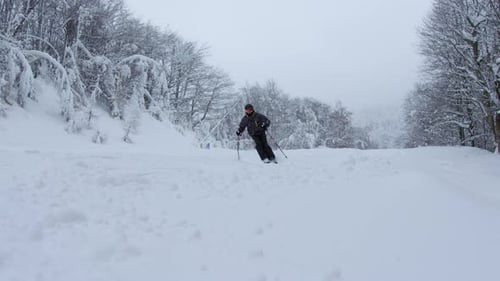 Skier Shredding Fresh Powder on Snowy Mountain