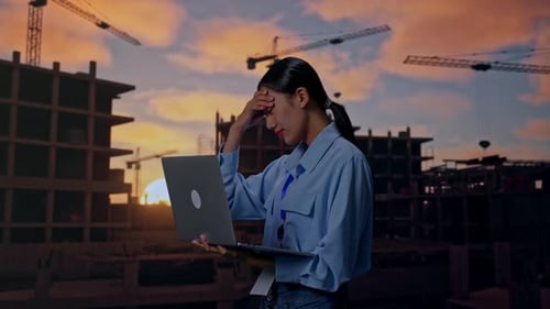 Asia Female Worker Use Laptop And Feels Dissapionted At Building Site