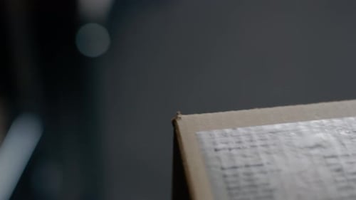 Close-up Gliding Shot of a Marked Cardboard Box.