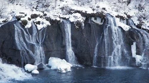 Waterfall in Iceland Snowy Mountain and Cold River Winter Pure Glacier Water