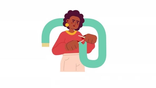 Animated Flat Design Illustration of Woman Knitting Scarf