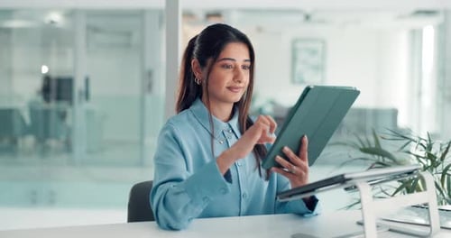 Business, tablet and woman with smile, typing and creative agency with email, copywriting and app