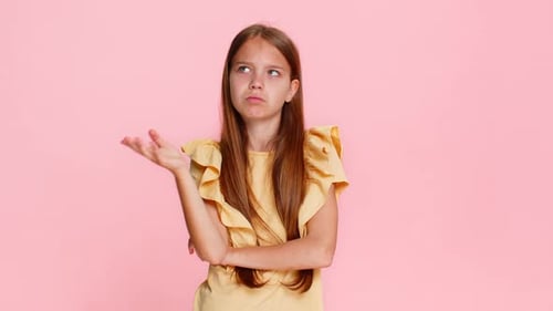 Child Girl Kid Thoughtfully Touching Chin Thinking Hard About Difficult Question Solving Problem