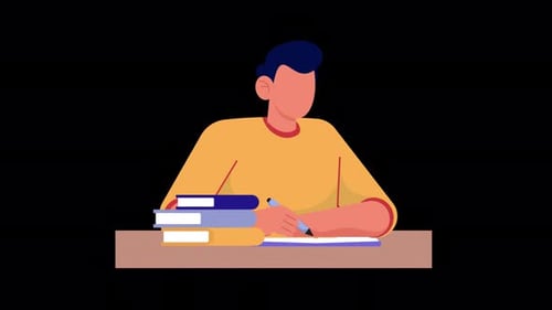Flat Design Animation of Student Studying with Books