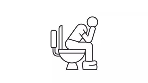 Animated man sitting on toilet bowl line icon