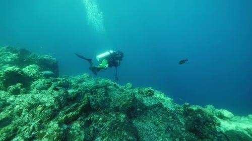 Professional Diver in Special Suit Explores Bottom of Reef