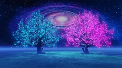 A couple girl and boy are sitting below the trees in bloom with the spinning galaxy in the backgroun