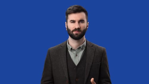 Charismatic Business Male Vlog Blog News Channel Webinar Talking Isolated on Blue Screen Chroma Key