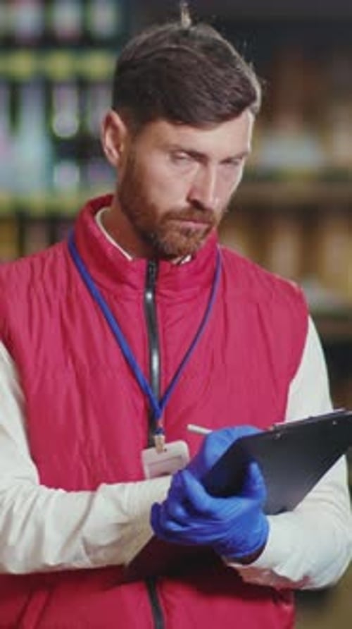 Man with Clipboard in Warehouse Aisle