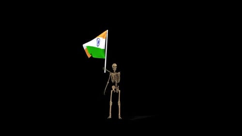 Animated 3D Skeleton Holding Waving Indian National Flag