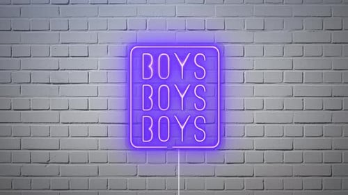 Animated Neon Sign Boys Boys Boys Text Flickering on Brick Wall