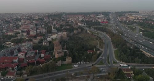 Aerial drone over the city of Istanbul in the early morning