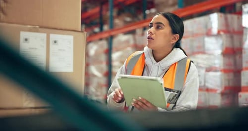Inspection, thinking and woman in warehouse with tablet, coordination and distribution