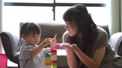 Mother and Child Playing with Building Blocks Indoors
