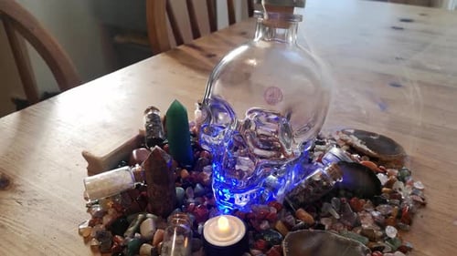Glass Skull Bottle with Crystals and Decorative Lighting