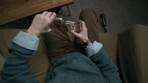 Drunk Man Pouring Remaining Alcohol in Glass at Home