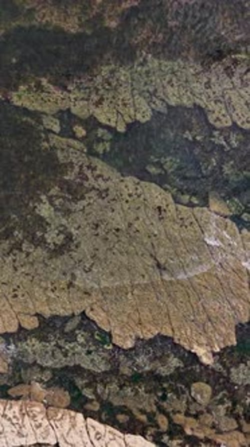 Vertical top-down drone view of shallow sea with brown rocks, gentle waves and white foam breaking