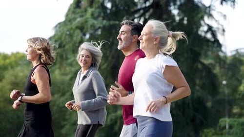 Group of Active Senior People Jogging Together in a Park